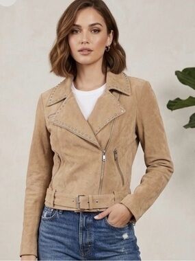 Bebe Suede Moto Jacket Women Size M Camel New Studded Leather Biker Coat